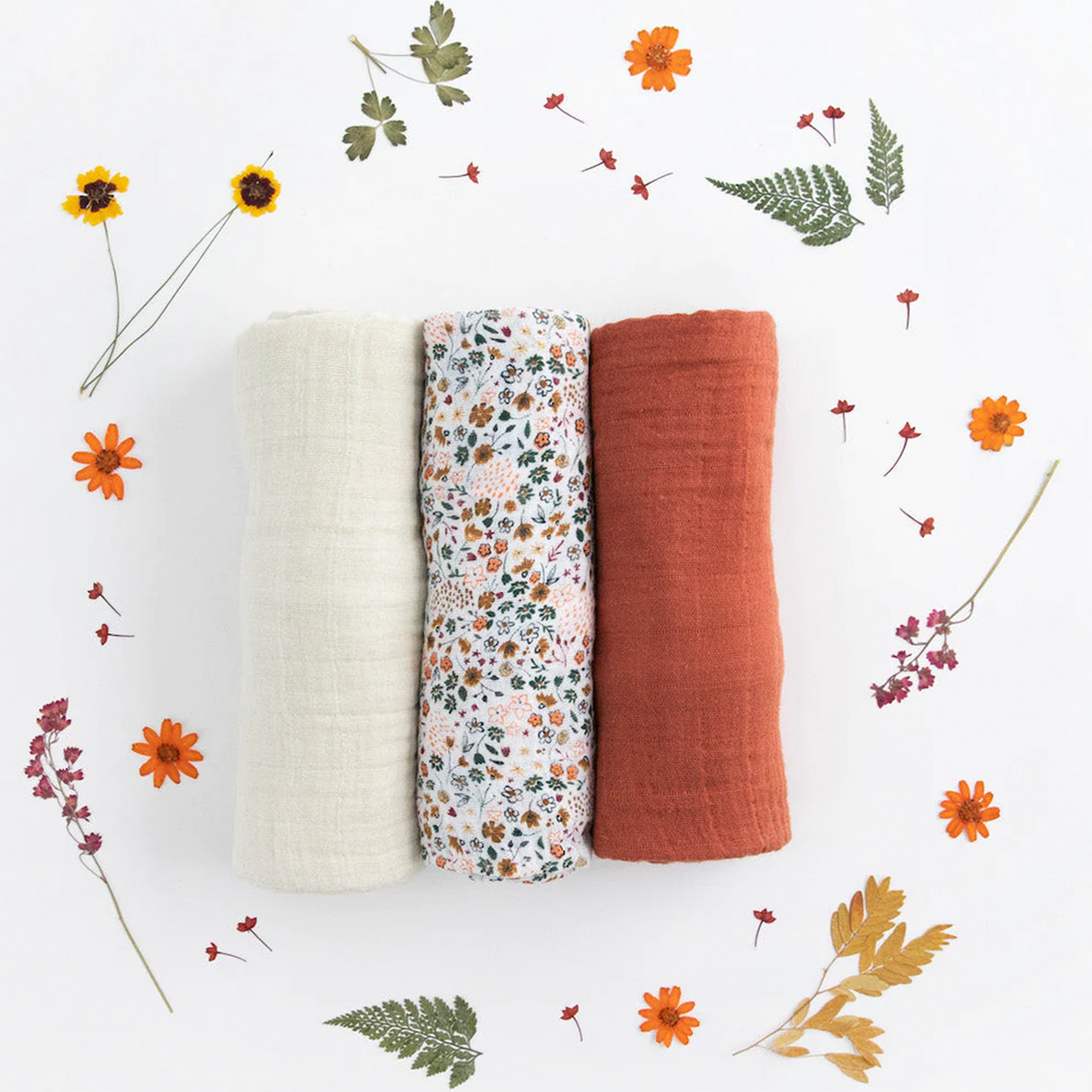 Cotton Muslin Swaddle Blanket 3 Pack - Pressed Petals - HoneyBug
