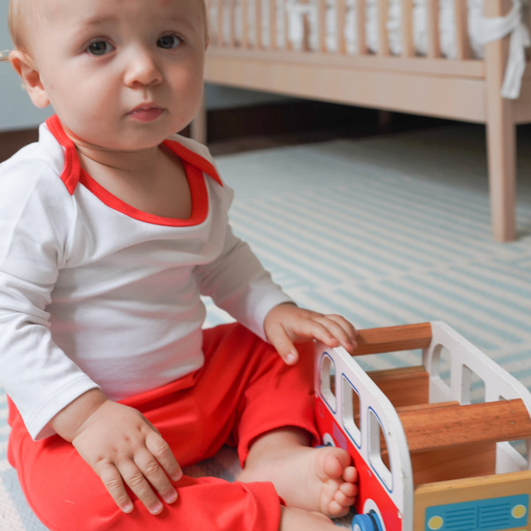 100% Peruvian Pima Cotton White with Engine Red Long Sleeve Snap Bodysuit - HoneyBug