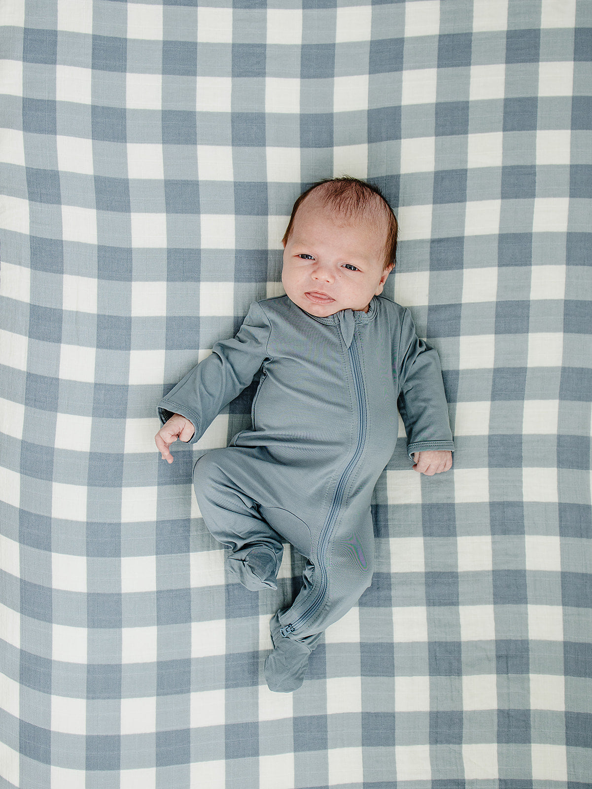 Dusty Blue Gingham Muslin Crib Sheet - HoneyBug