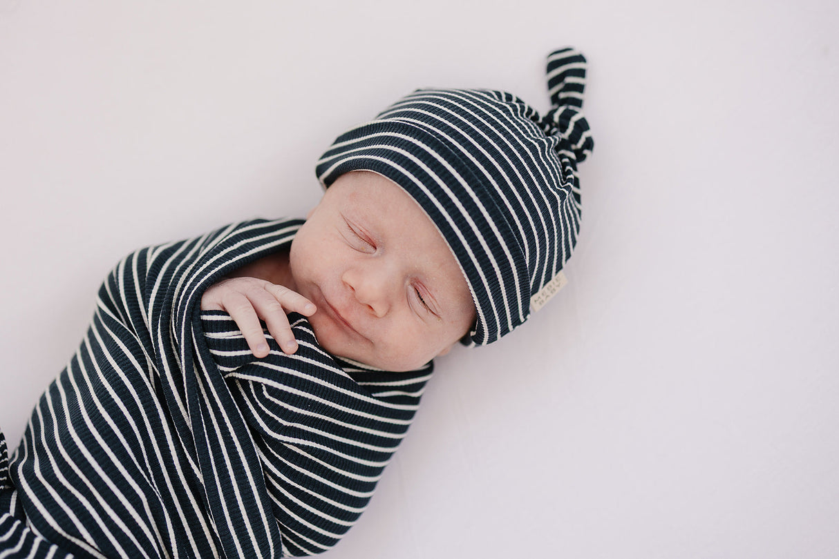 Navy Stripes Ribbed Bamboo Newborn Knot Hat - HoneyBug