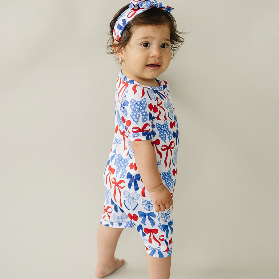Bamboo Shorty Romper | Red-White & Bows