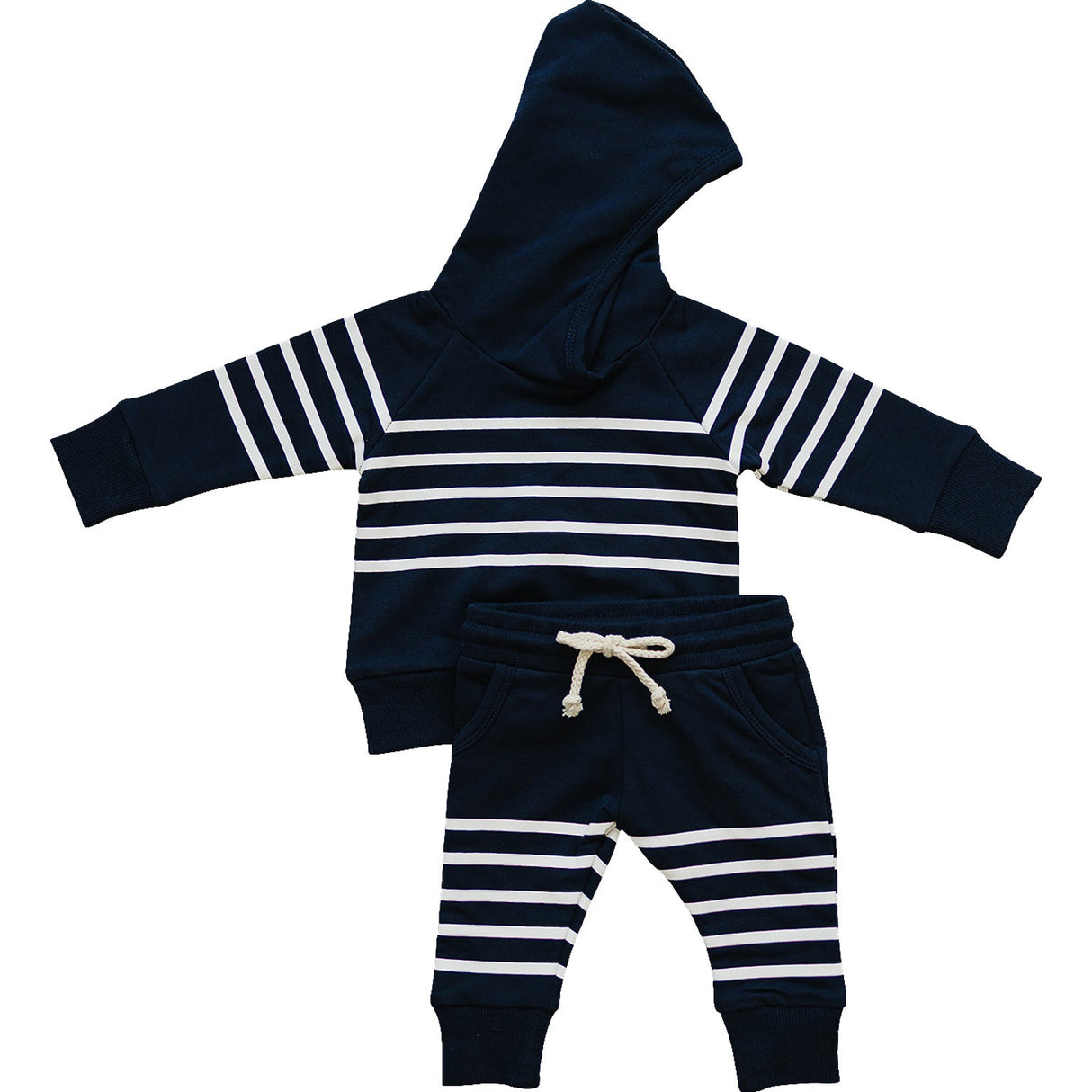 Navy Stripes Hooded French Terry Set - HoneyBug