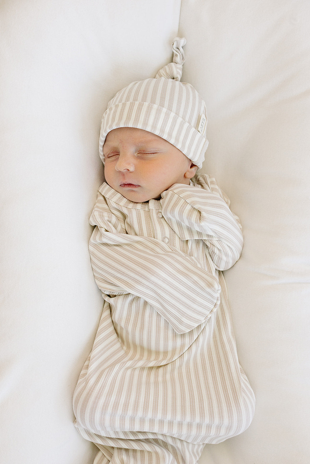 Taupe Stripe Ribbed Bamboo Newborn Knot Hat - HoneyBug