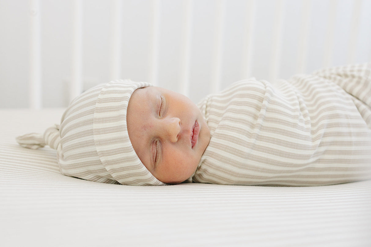 Taupe Stripe Ribbed Bamboo Newborn Knot Hat - HoneyBug