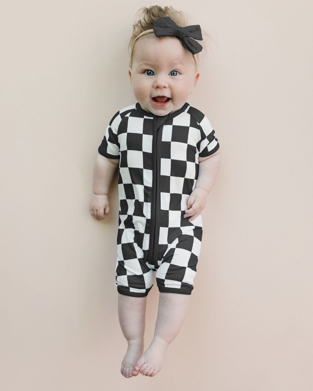 Bamboo Shorty Romper | Black Checkered - HoneyBug
