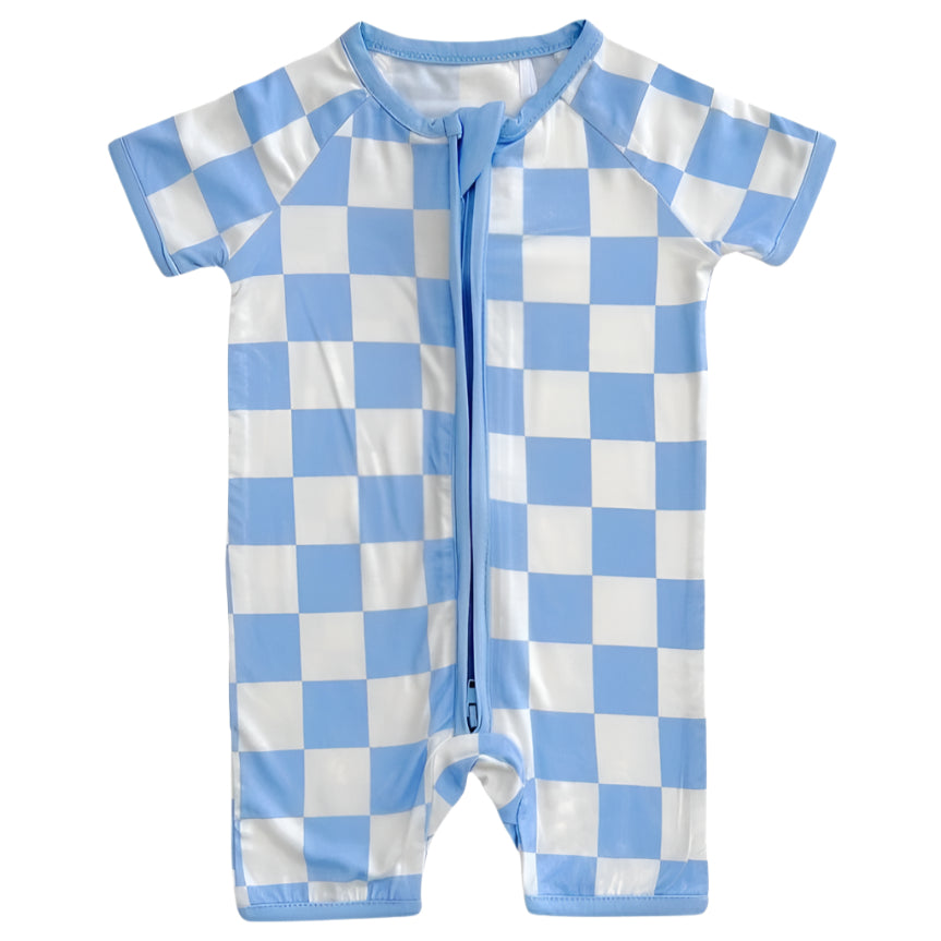Bamboo Shorty Romper | Blue Checkered - HoneyBug