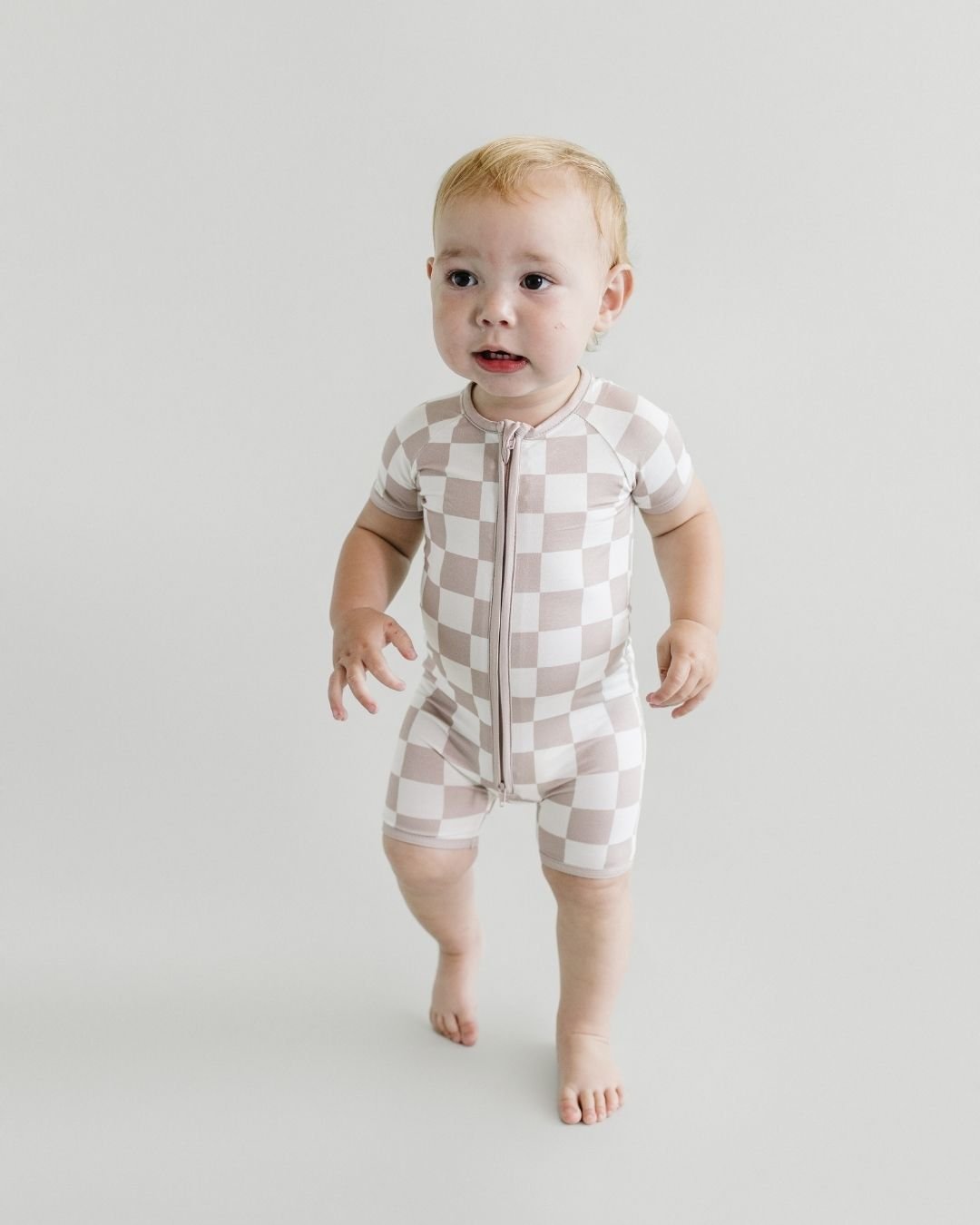 Bamboo Shorty Romper | Latte Checkered - HoneyBug
