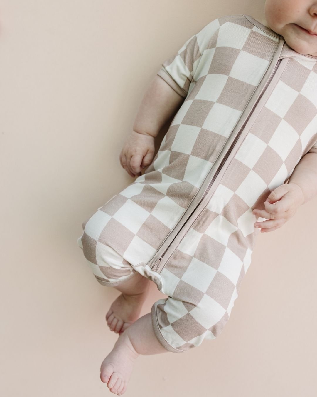 Bamboo Shorty Romper | Latte Checkered - HoneyBug
