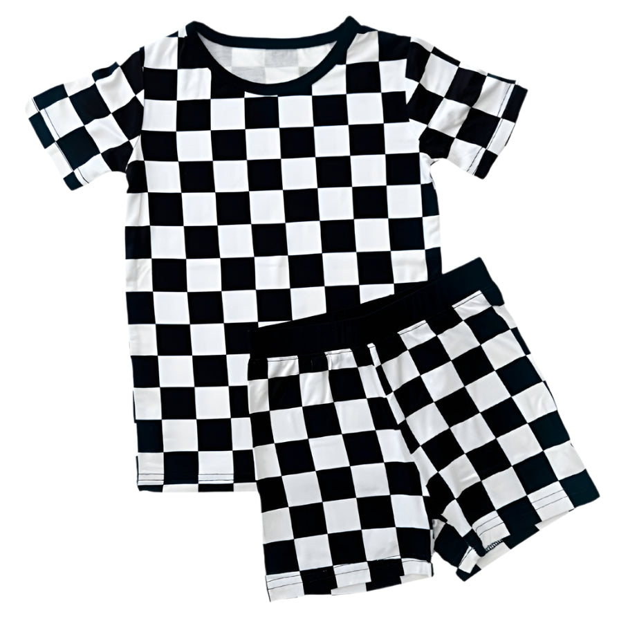 Bamboo Two Piece Shorts Set | Black Checkered - HoneyBug