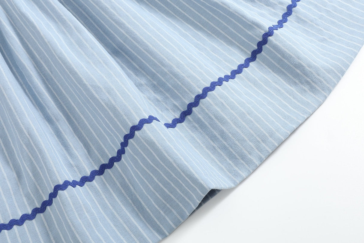 Blue Pinstripe Mallard Duck Smocked Bishop Dress