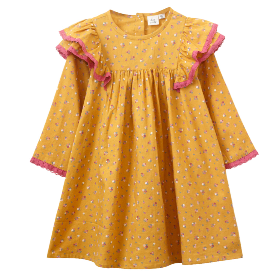 Toddler Flutter Sleeves Dress with Lace Trim | Charlotte Provence Meadow - HoneyBug
