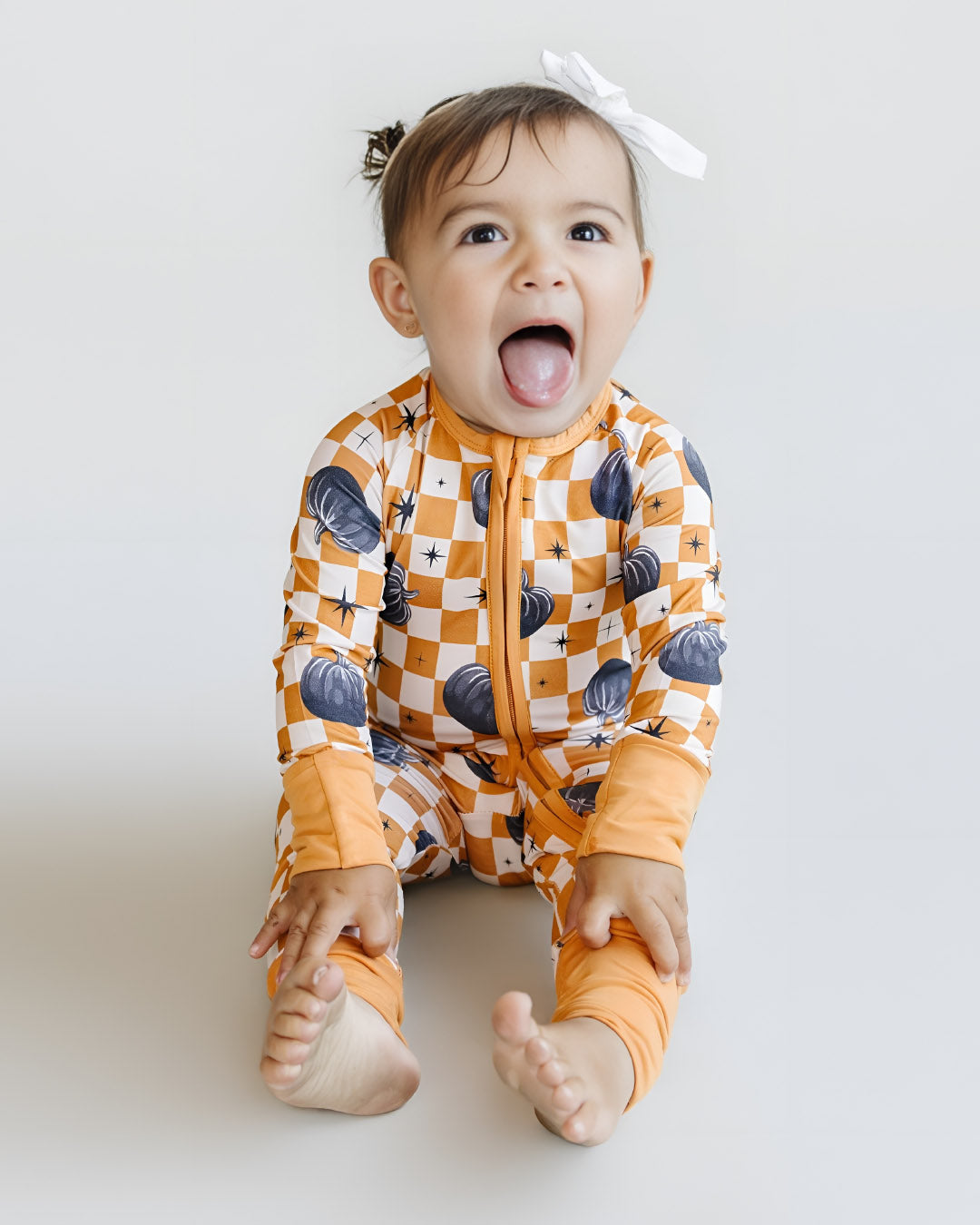 Bamboo Zip Romper | Checkered Pumpkin - HoneyBug