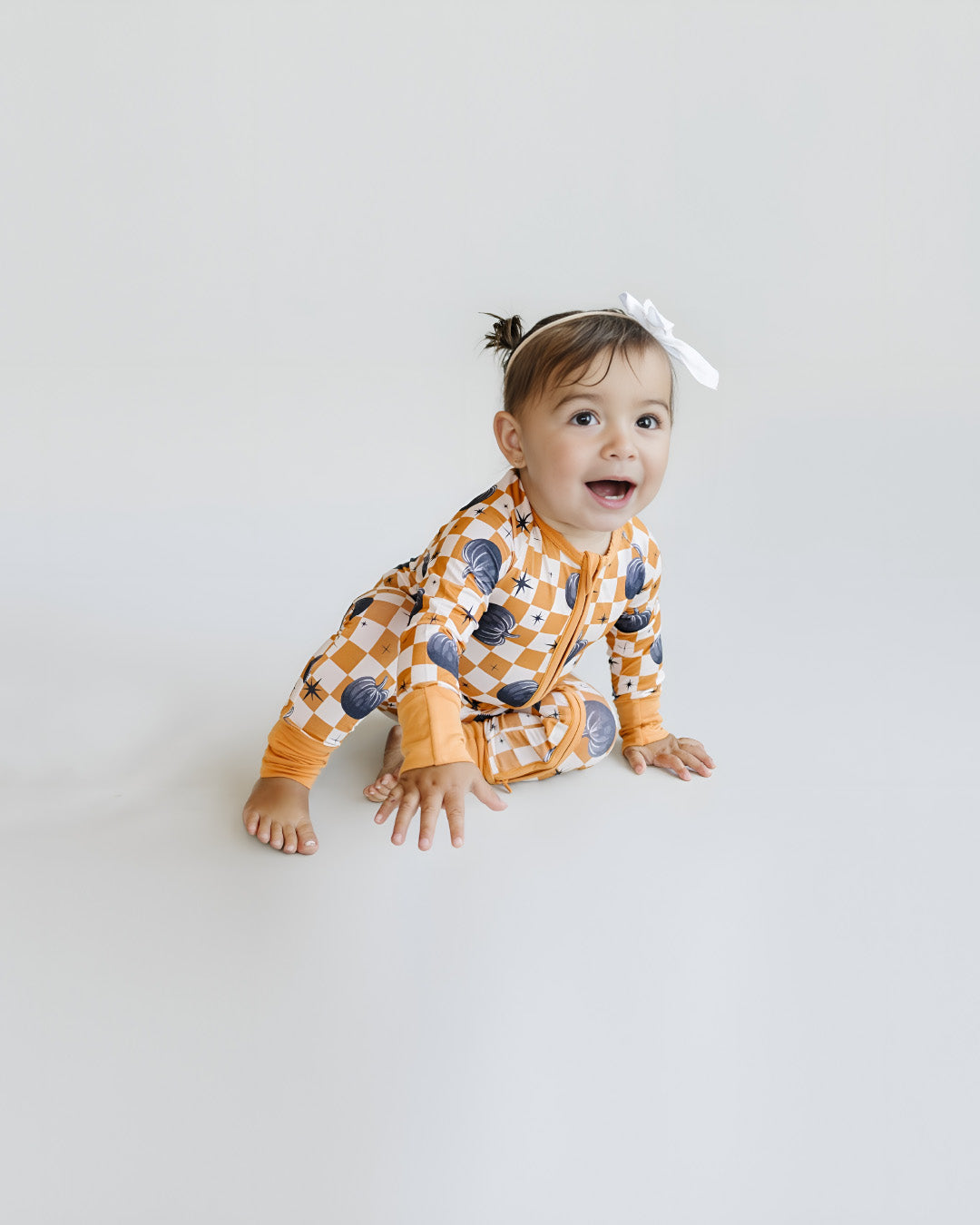 Bamboo Zip Romper | Checkered Pumpkin - HoneyBug