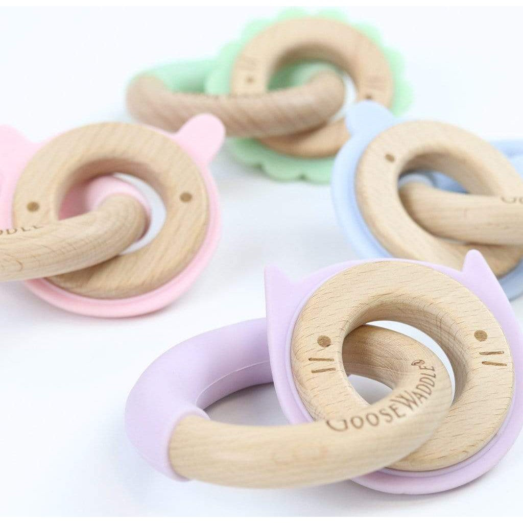 Lavender Kitten Silicone + Wood Double Teether - HoneyBug