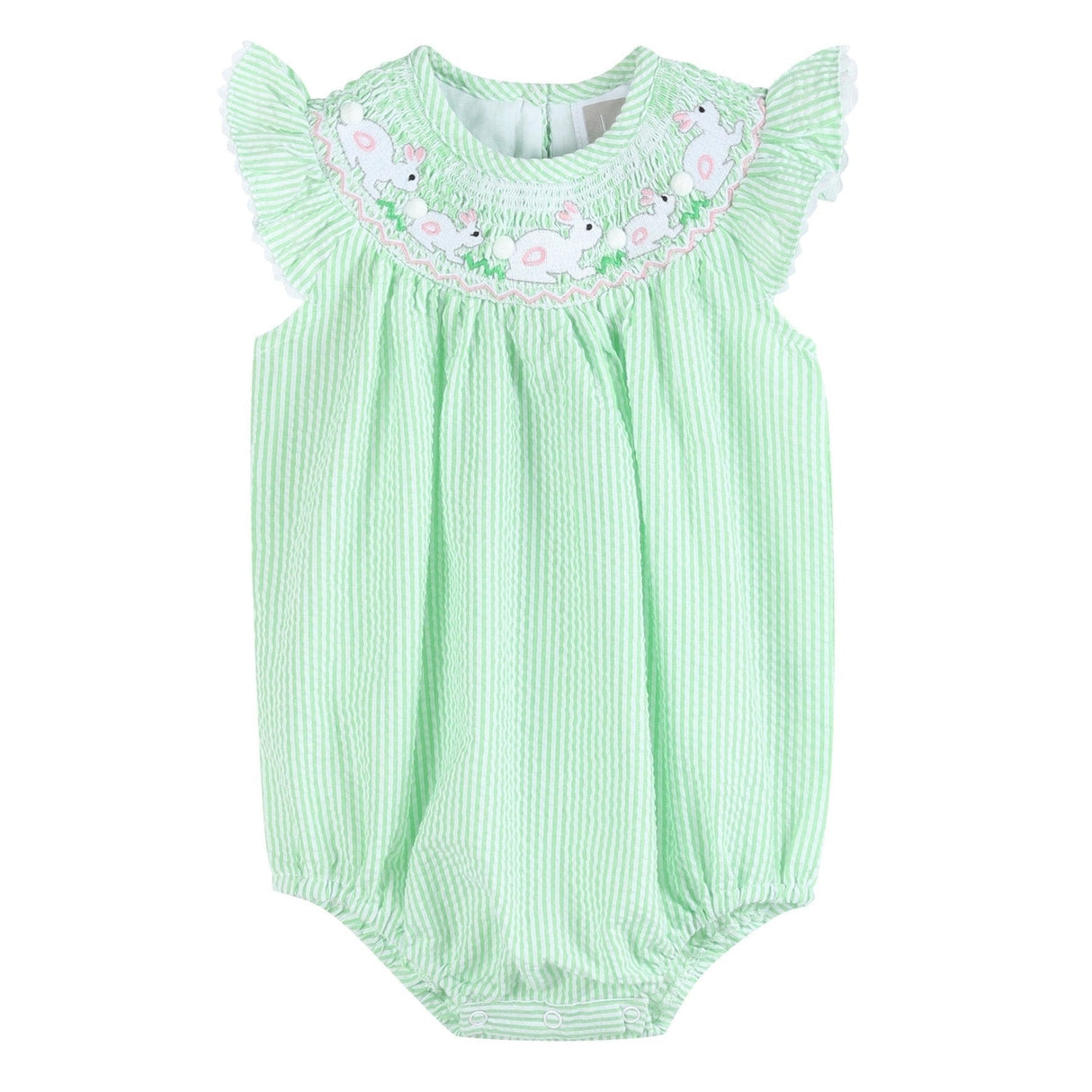 Green Seersucker Easter Bunny Smocked Flutter Romper