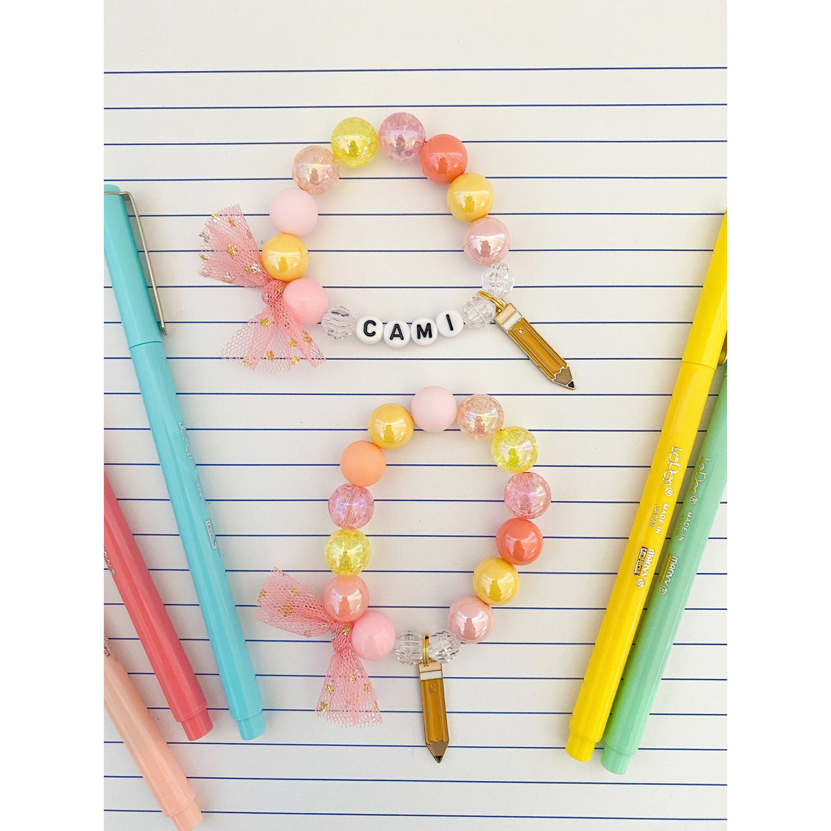 Back to School: Pastel Pencil Charm Bracelet- Customizable - HoneyBug