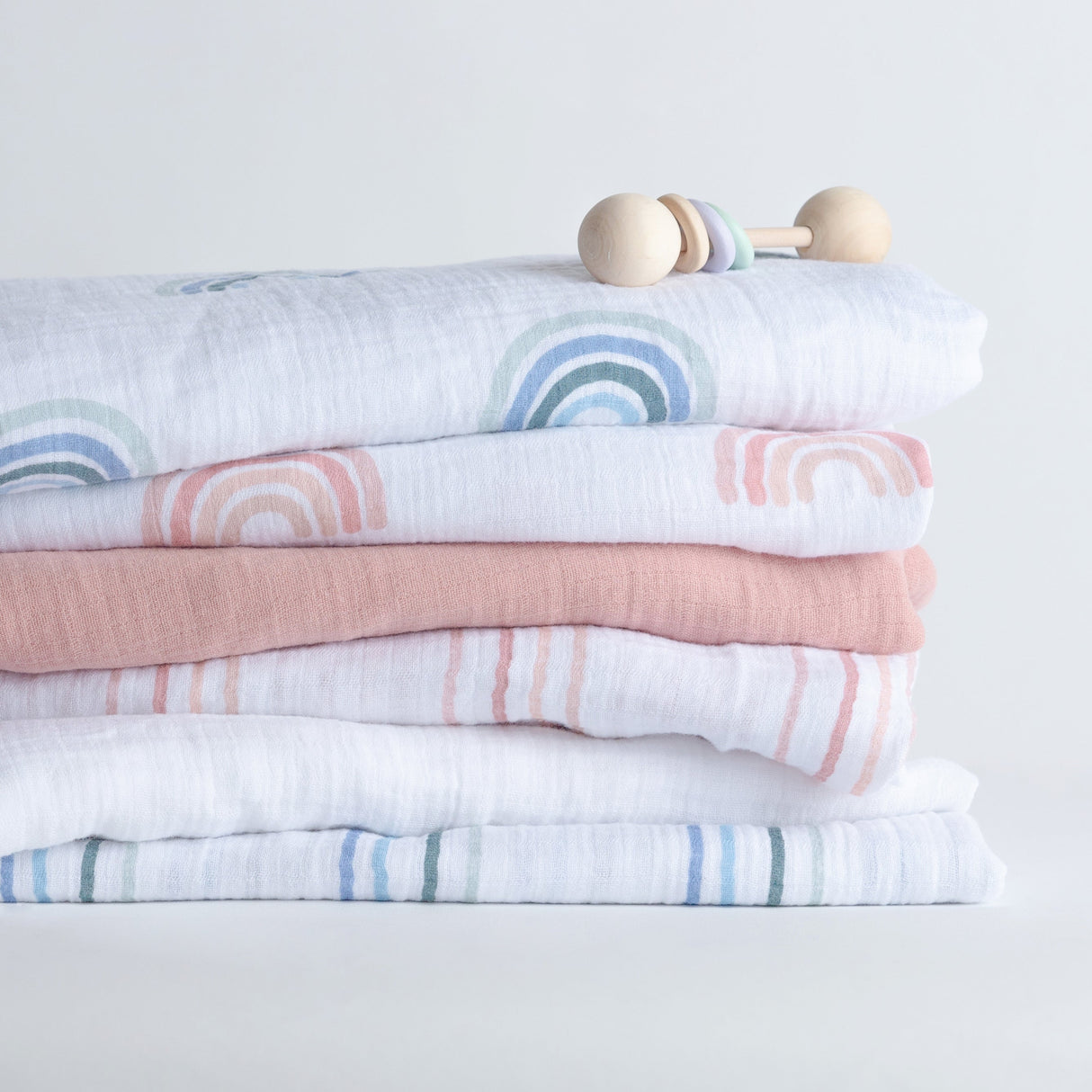 2 Pack Cotton Muslin Swaddle Blanket - Dusty Pink Rainbow - HoneyBug