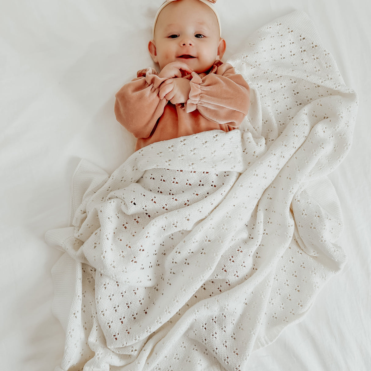 Vanilla White Pointelle Knit Blanket
