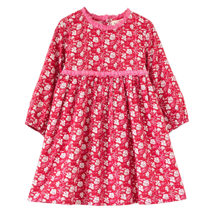 Toddler Long Sleeves Dress with Lace Trim | Red and White Floral - HoneyBug