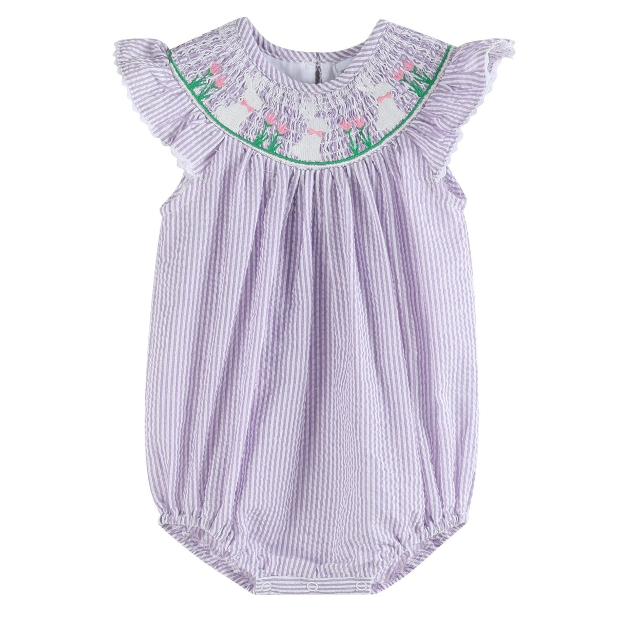 Light Purple Seersucker Bunny Smocked Romper