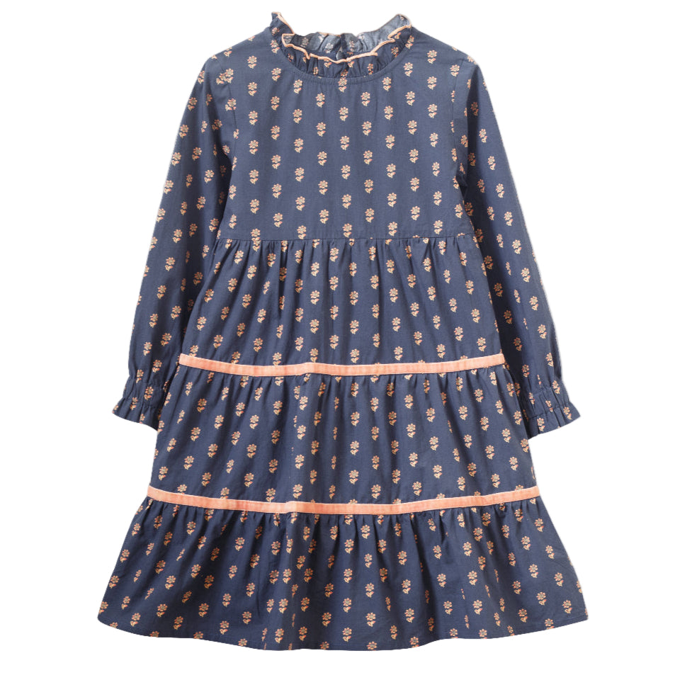 Girls' Long Sleeves Tiered Skirt Dress with Velvet Trim | Orange Floral - HoneyBug