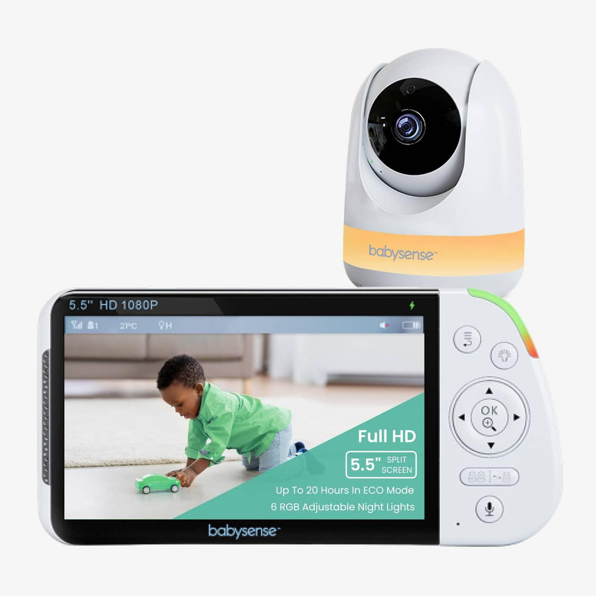 Babysense Max View: Video Baby Monitor with 1 or 2 Cameras, Non Wifi, Split Screen, Night Light & Sound Machine - HoneyBug