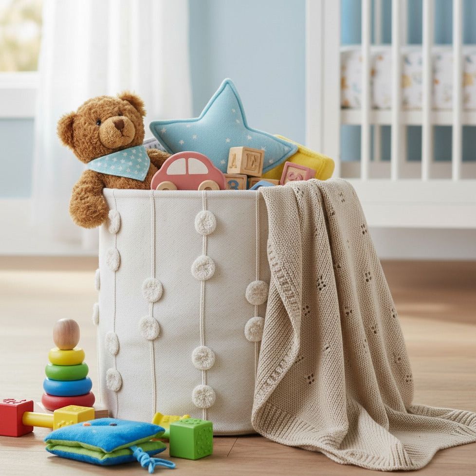 Handmade Canvas Storage Basket Pom Pom - Oat