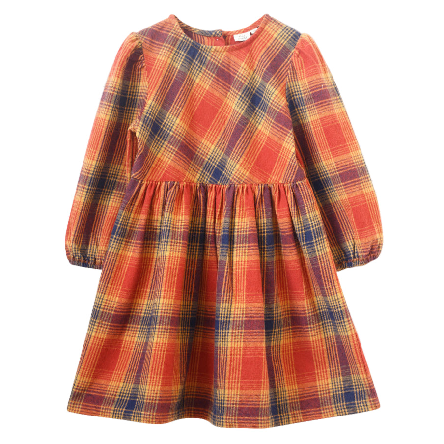 Girls' Long Sleeve Plaid Flannel Dress, Orange - HoneyBug