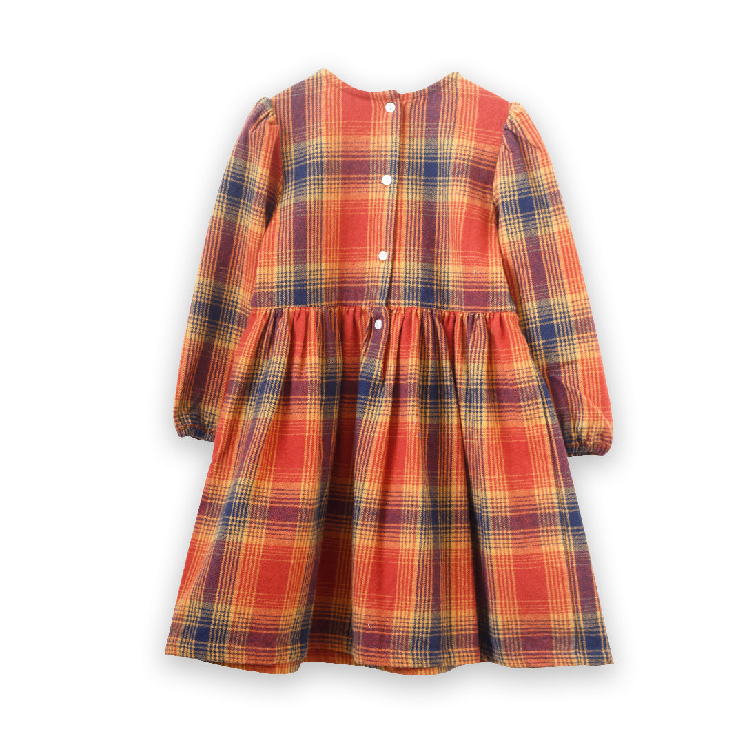 Girls' Long Sleeve Plaid Flannel Dress, Orange - HoneyBug