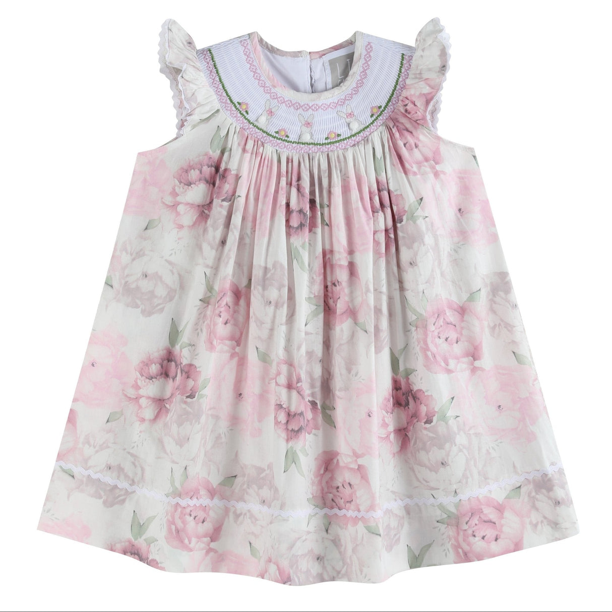 Pink and White Peony Bunny Smocked Bishop Dress
