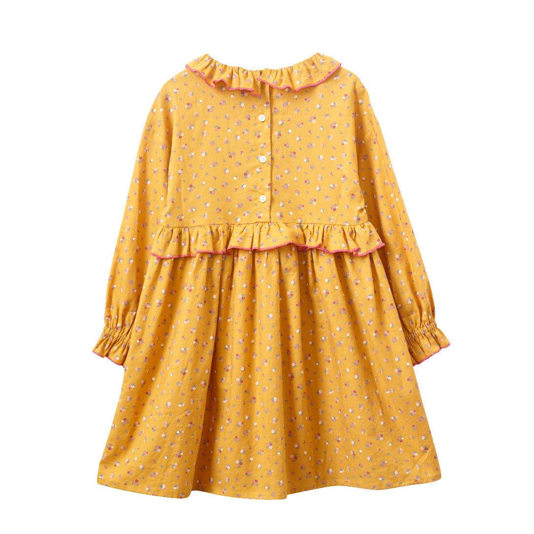 Girls' Ruffle Collar Long Sleeve Dress | Mustard and Pink - HoneyBug
