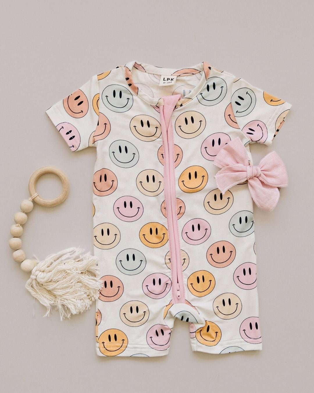 Smiley Bamboo Short Romper | Pink - HoneyBug