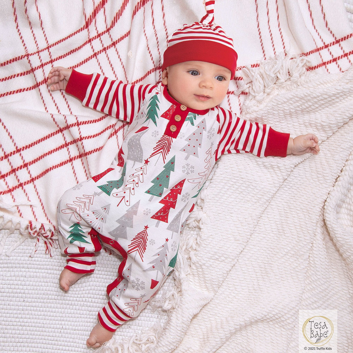 Christmas Trees Henley Cotton Romper - HoneyBug