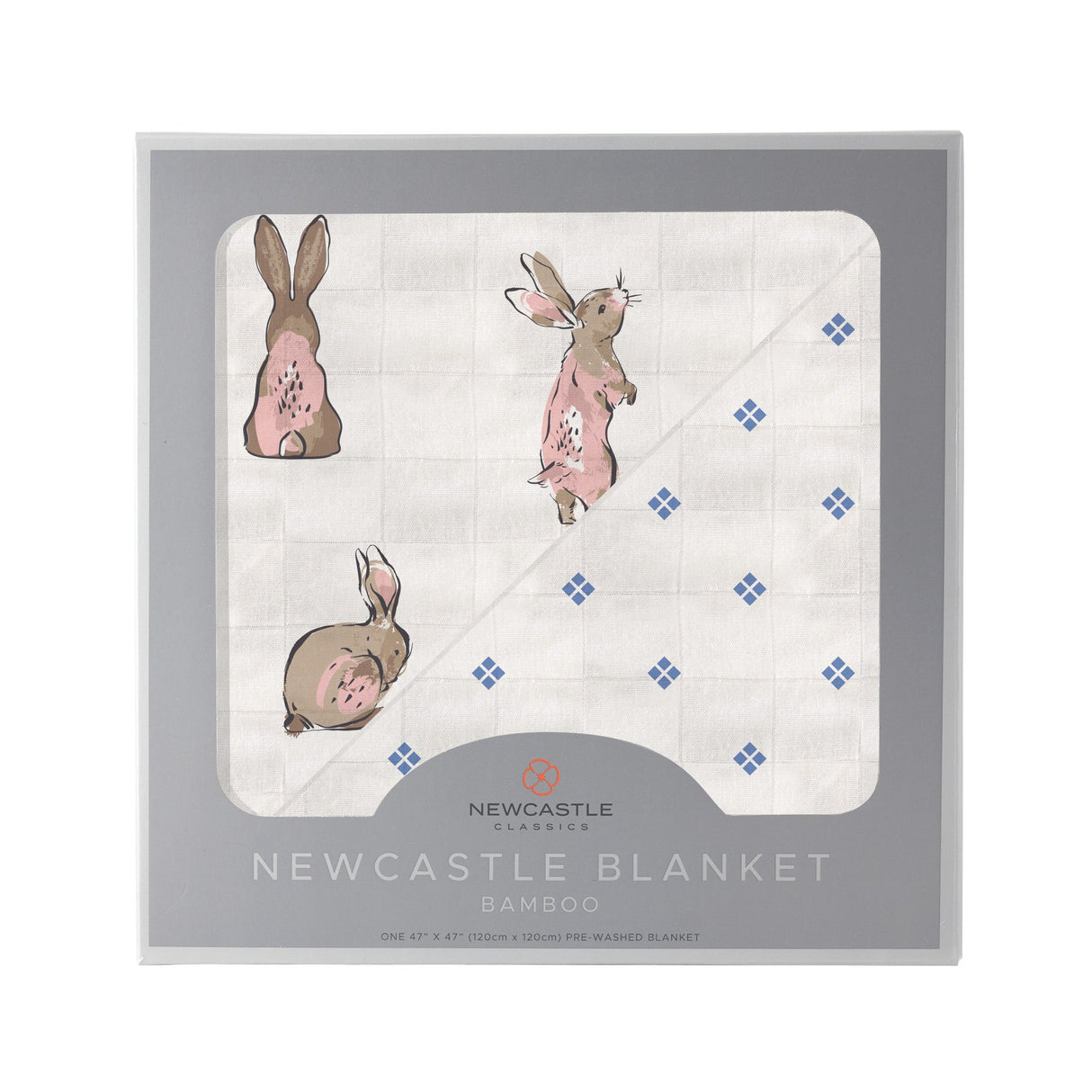 Powder Pink Bunnies and Periwinkle Diamond Polka Dot Bamboo Newcastle Blanket - HoneyBug