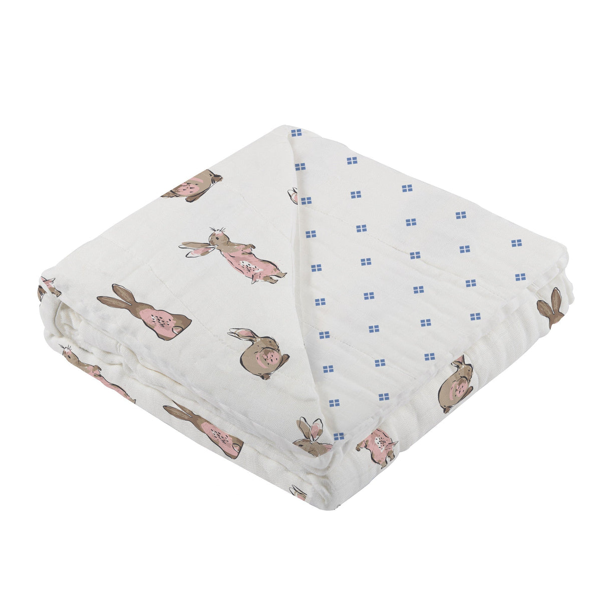 Powder Pink Bunnies and Periwinkle Diamond Polka Dot Bamboo Newcastle Blanket - HoneyBug