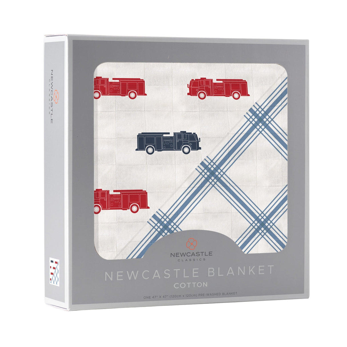 Blue and Red Fire Trucks and Buffalo Check Plaid Cotton Newcastle Blanket - HoneyBug