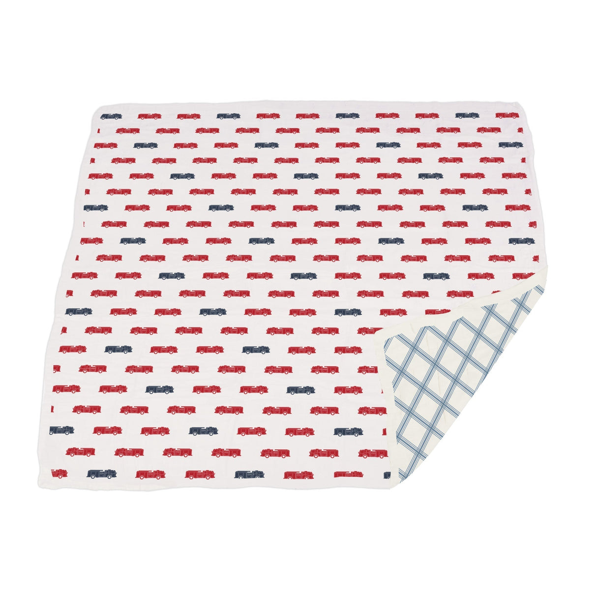 Blue and Red Fire Trucks and Buffalo Check Plaid Cotton Newcastle Blanket - HoneyBug
