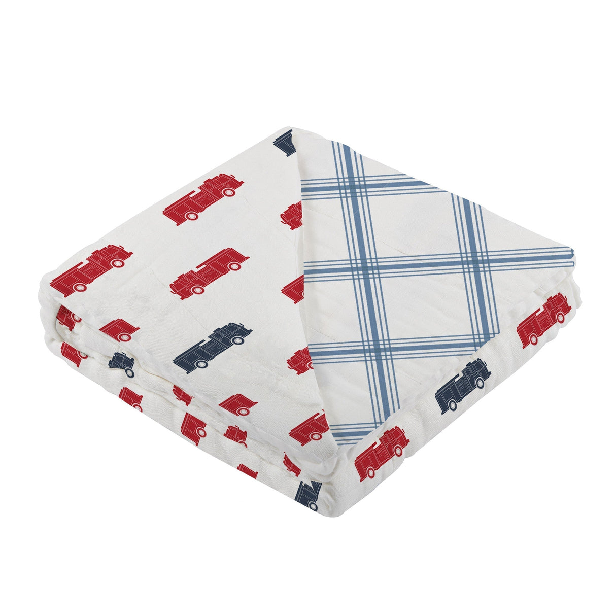 Blue and Red Fire Trucks and Buffalo Check Plaid Cotton Newcastle Blanket - HoneyBug