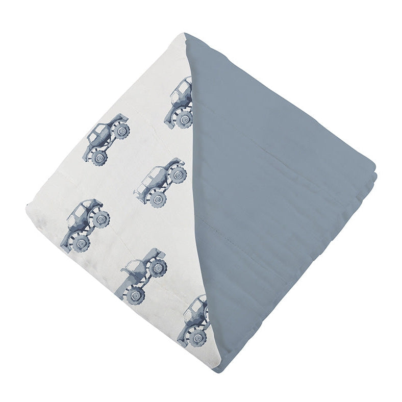 Indigo Monster Trucks and Blue Fog Cotton Newcastle Blanket - HoneyBug