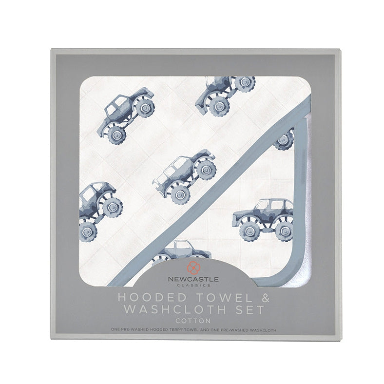 Indigo Monster Trucks Cotton Hooded Towel and Washcloth Set - HoneyBug