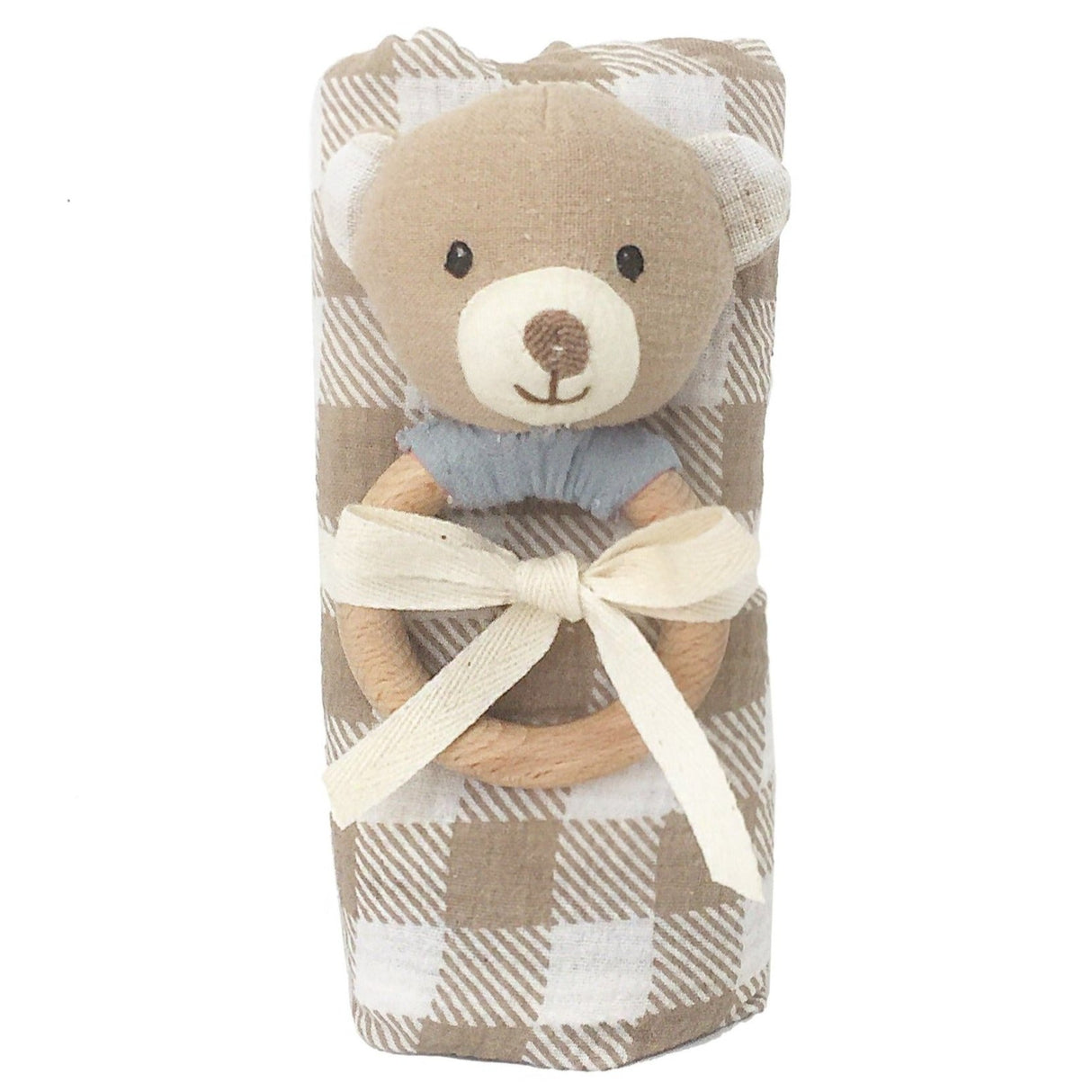 Gingham Muslin And Bear Wood Rattle Gift Set - HoneyBug