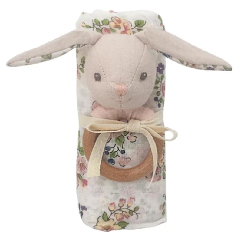 Floral Muslin And Bunny Wood Rattle Gift Set - HoneyBug