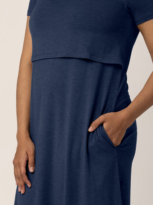 Eleanora Bamboo Maternity & Nursing Lounge Dress | Navy Heather - HoneyBug 