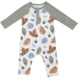 L/S Raglan Henley Romper - Cuddly Leaves