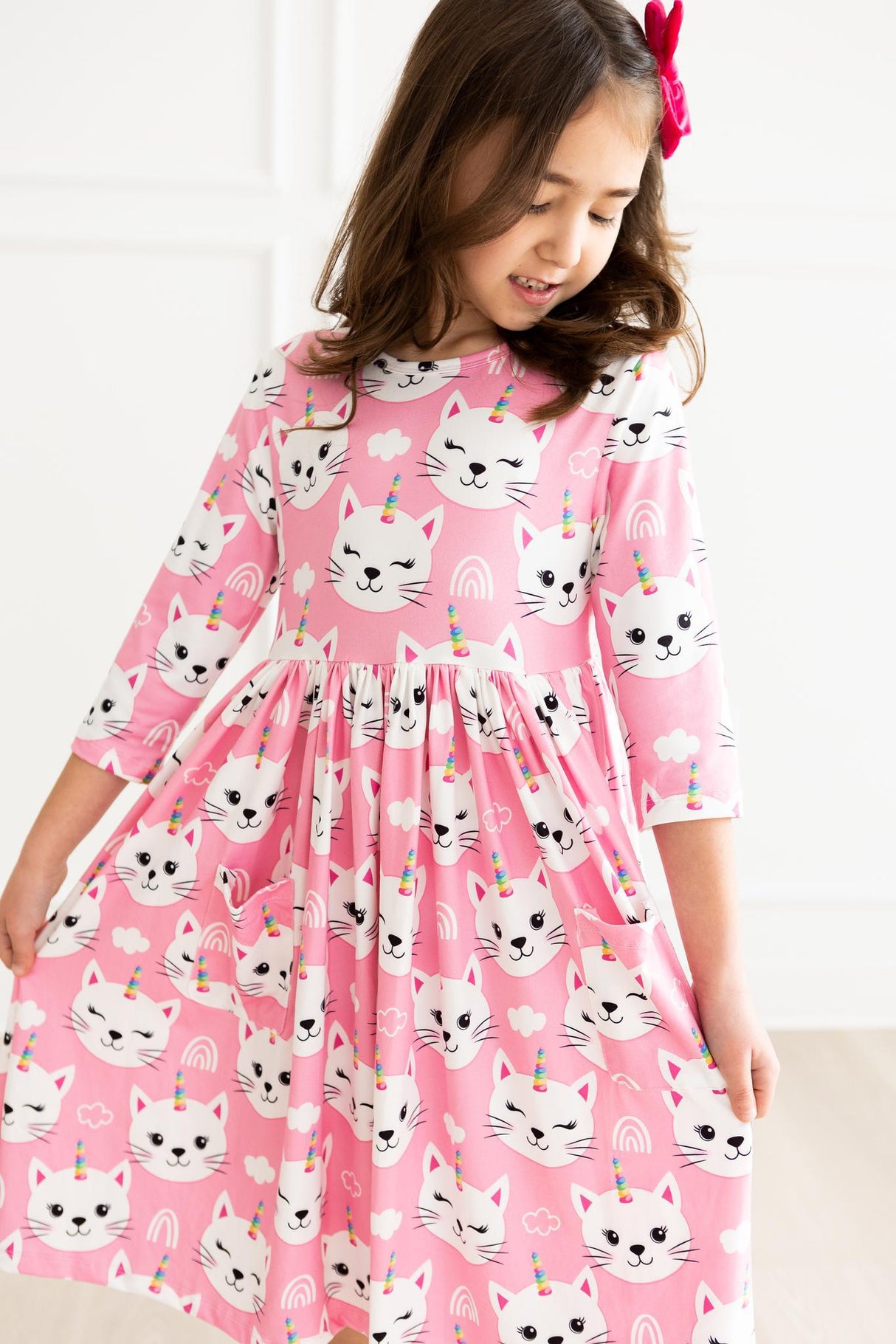 Unicorn Kitties 3/4 Sleeve Pocket Twirl Dress