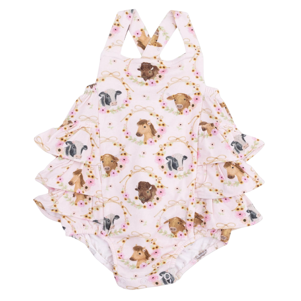 Farm Animals Floral Cameos Pink - Ruffle Sunsuit