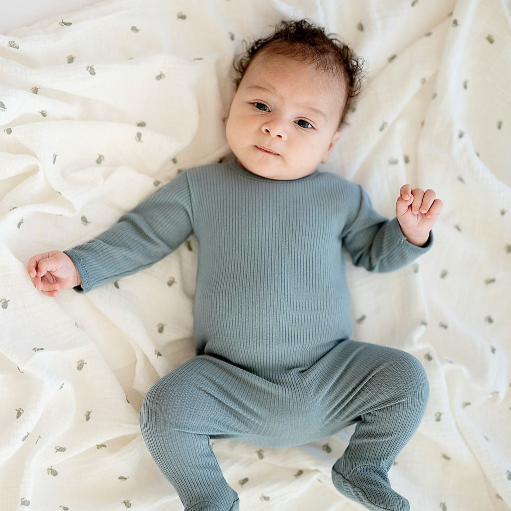 2 Pack Cotton Muslin Swaddle Blanket - Sage Pear & Solid Sage - HoneyBug 