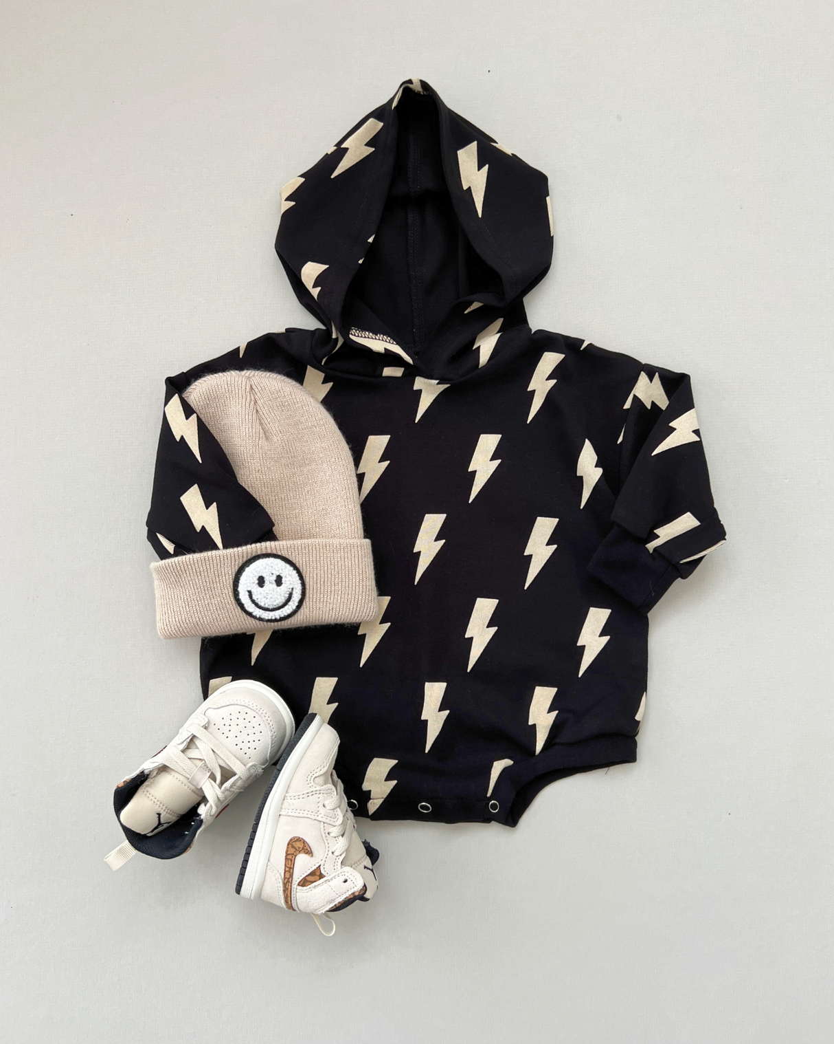 Hooded Bubble Romper  |  Black Bolts - HoneyBug 