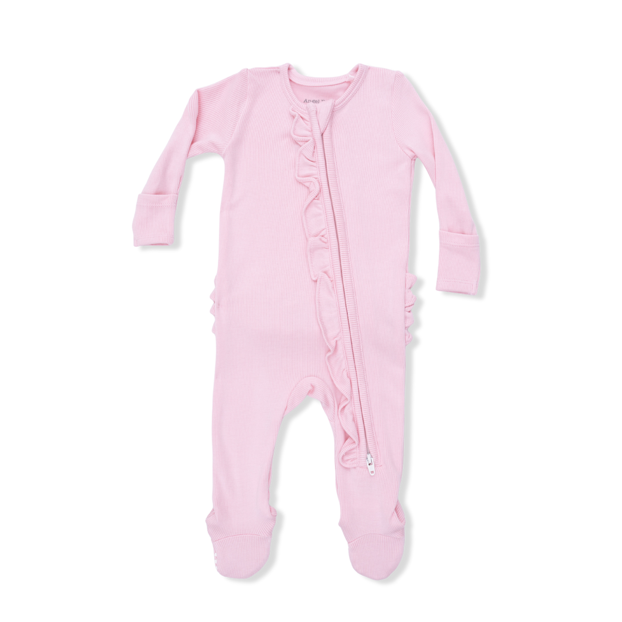 Solid Romance Rose Rib - 2 Way Ruffle Front Zipper Footie