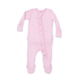 Solid Romance Rose Rib - 2 Way Ruffle Front Zipper Footie